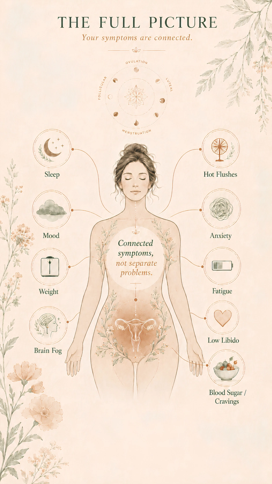 Illustration showing how perimenopause symptoms — sleep, mood, weight, brain fog, hot flashes, anxiety, fatigue, low libido, and blood sugar — are connected, not separate problems